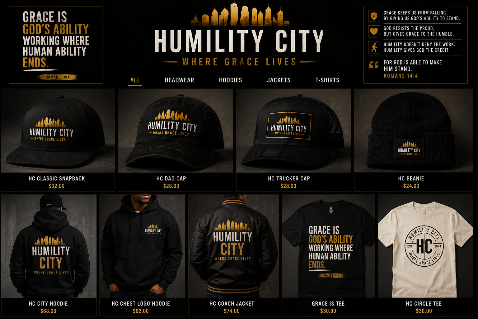 Humility City apparel collection featuring caps, hoodies, jacket and shirts